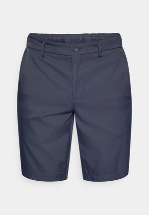 Pantaloncini blu navy realizzati in tessuto leggero. Presentano una chiusura con bottone, passanti per cintura e un taglio dritto, con una texture liscia.