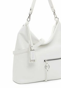 Weißer Handtasche aus strukturiertem synthetischem Material, lässiges Design, verstellbarer Schulterriemen, Vordertasche mit Reißverschluss und Quasten-Detail.