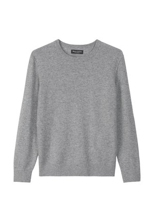 Pull gris en tissu doux, avec un col rond, des manches longues et des poignets côtelés. Pas de motifs ni d'accents supplémentaires visibles.
