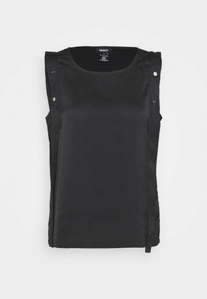 Blusa sin mangas negra de DKNY con escote redondo y botones de presión plateados a lo largo de los hombros y los laterales.