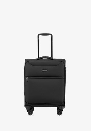 Maleta negra con un exterior texturizado, asa retráctil, ruedas dobles y un bolsillo frontal con cremallera. Diseño compacto para mayor comodidad en los viajes.