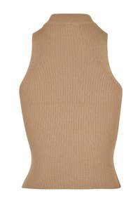 Haut sans manches côtelé de couleur beige clair avec un col montant. Le tissu présente une texture lisse et une coupe ajustée, mettant en valeur une silhouette épurée.