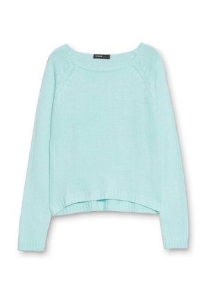 Suéter de un suave verde menta hecho de material de punto blando. Presenta un escote redondeado, mangas largas y dobladillos acanalados con un corte corto.