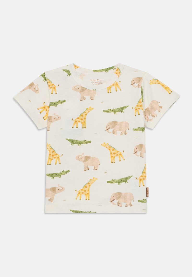 Short-sleeve children's T-shirt in cream with a playful pattern of elephants, giraffes, and crocodiles in soft colors. Cotton material.