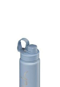 Stainless steel water bottle in matte light blue with a textured finish, screw-on lid, and fabric carrying strap, featuring a silver logo.