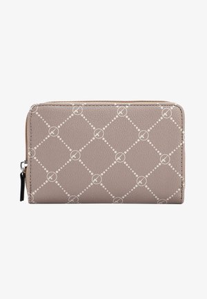Beige Rundum-Reißverschlussbörse mit strukturiertem Finish, das ein geometrisches Muster aus weißen Rauten und Kreisen zeigt.