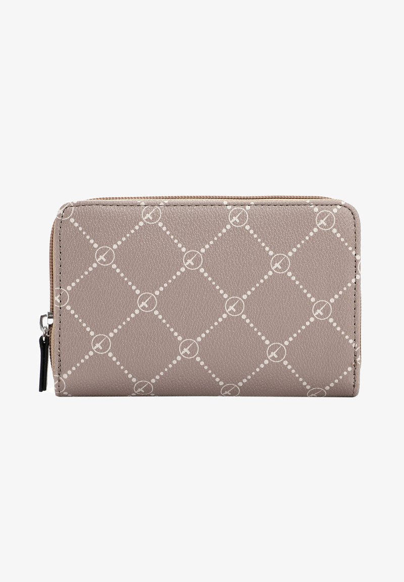 Beige zip-around portemonnee met een textuurafwerking, voorzien van een geometrisch patroon van witte diamanten en cirkels.