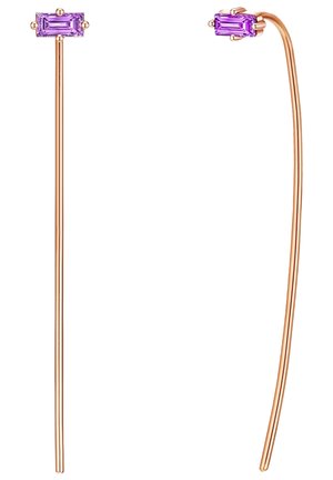 Ohrringe aus Roségold mit einem langen, dünnen Design und rechteckigen lila Edelsteinen an der Oberseite, die Klarheit und geometrische Akzente zeigen.