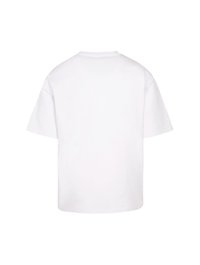 Hvid bomulds T-shirt med korte ærmer, rund hals og løs pasform. Har ingen synlige logoer eller mønstre på bagsiden.