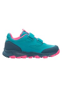 Türaubergeschuh in Teal und Marineblau mit pinken Akzenten. Verfügt über ein Obermaterial aus Synthetik, zwei Klettverschlüsse und eine strukturierte Gummisohle für besseren Halt.