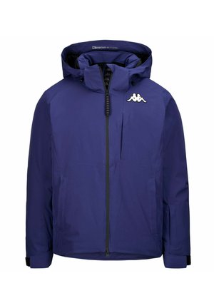 Giacca blu con cappuccio, zip frontale, logo sul petto, due tasche laterali e cinturini regolabili in Velcro ai polsi.