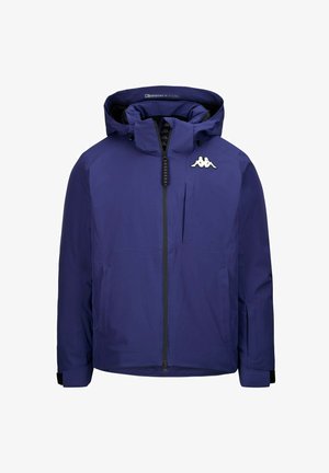 Giacca blu con cappuccio, zip frontale, logo sul petto, due tasche laterali e cinturini regolabili in Velcro ai polsi.