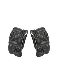 Sorte clip-on øreringe med et skulpturelt design, der har glatte og teksturerede sektioner, accentueret med detaljer i sorte krystaller.