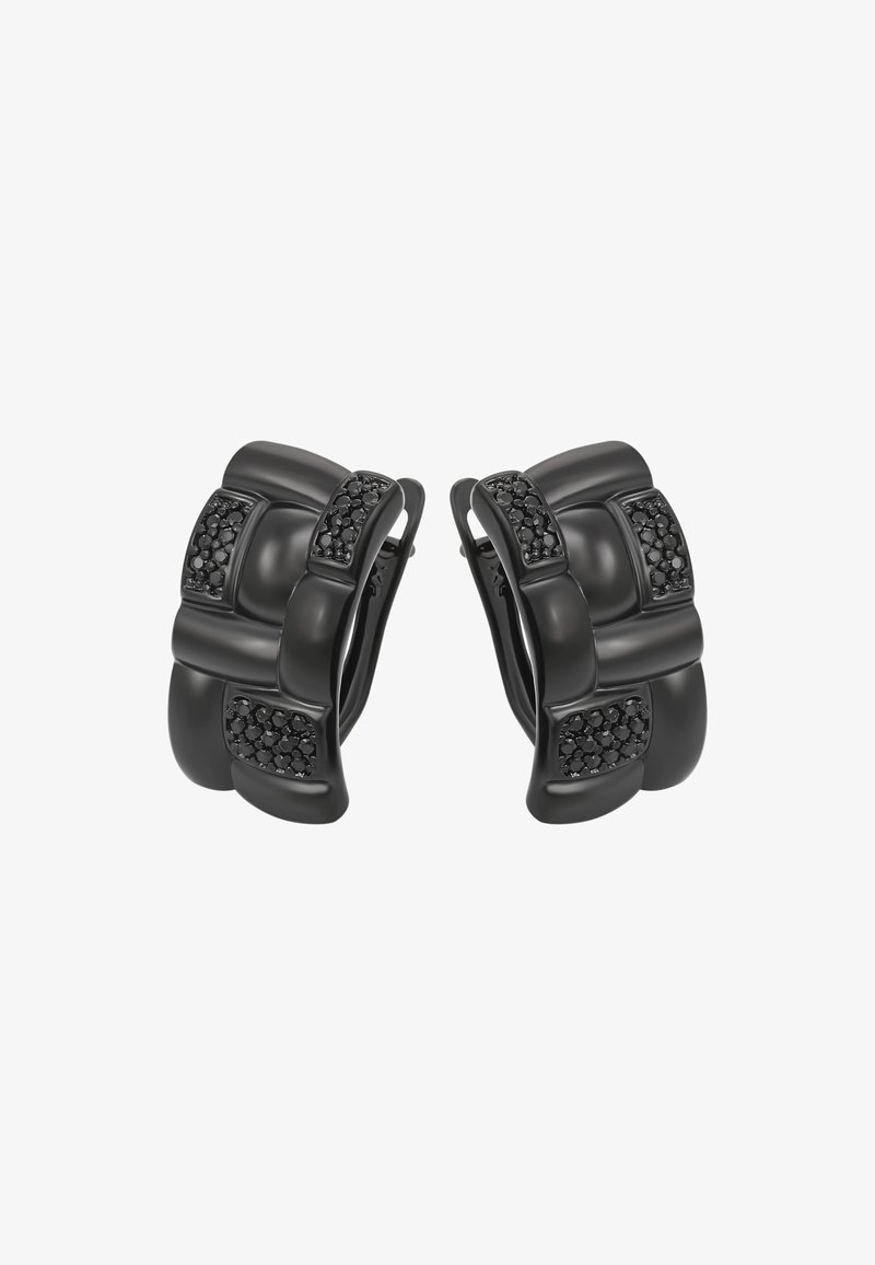 Sorte clip-on øreringe med et skulpturelt design, der har glatte og teksturerede sektioner, accentueret med detaljer i sorte krystaller.