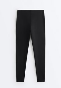 Black high-waist leggings with a slim fit and no visible seams or pockets, displayed flat on a white background.