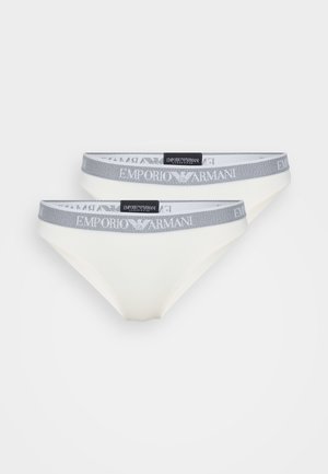 White cotton blend brief panties with a soft, gray elastic waistband featuring "Emporio Armani" logo. Smooth texture, minimalist design.
