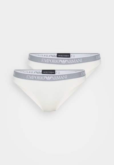 Feminino branco de algodão misto com uma suave cintura elástica cinza com o logotipo "Emporio Armani". Textura suave, design minimalista.