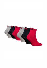 Set aus sechs Crew-Socken in Rot, Grau und Schwarz. Aus Baumwollmischung gefertigt, mit einem gerippten Bund und "PUMA"-Branding. Glatter Stoff.