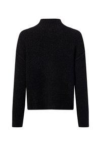 Schwarzer, strukturierter Pullover mit hohem Kragen und langen Ärmeln. Hat eine lockere Passform und einen geraden Schnitt am Saum.