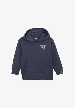 Sweat à capuche pour enfant bleu marine avec poche avant et inscription "SUPER BRO" sur le haut à gauche de la poitrine, poignets côtelés et capuche attachée.