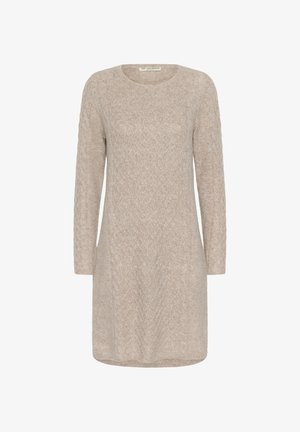 Robe pull en tricot beige à manches longues avec un col rond et un motif de torsades subtil.
