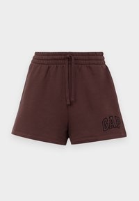 Brune bomulds shorts med elastisk talje, snoretræk og broderet "GAP" logo på venstre frontkant. Flad front og afslappet design.