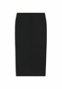 Jupe crayon noire au design ajusté, mi-longue, en tissu lisse ; présente des poches avant et une fermeture éclair discrète.