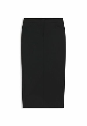 Sort blyantskirt med en tætsiddende silhuet, mellemlang længde, lavet af glat stof; har forlommer og en skjult lynlås.
