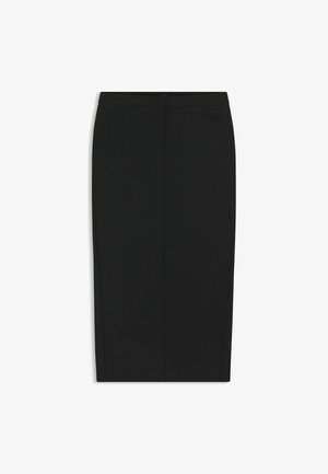 Svart blyerts kjol med en figursydd design, medellång, tillverkad av ett mjukt tyg; har framskjutna fickor och en dold dragkedja.