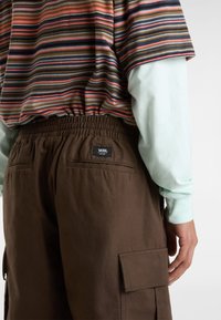 Brązowe spodnie cargo z elastycznym pasem, z tylnymi kieszeniami i metką Vans. Noszone z pasiastą koszulą oraz jasnoniebieską bluzką z długim rękawem pod spodem.