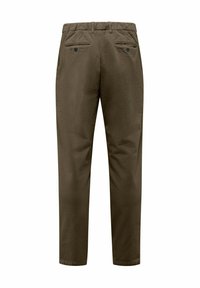 Pantaloni in corduroy verde oliva scuro con taglio dritto, cintura elastica e due tasche posteriori con chiusura a bottone.
