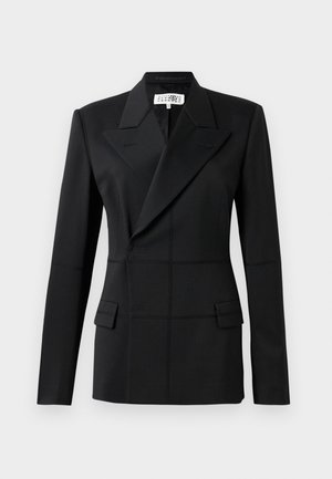 Black tailored blazer, one long sleeve, notch lapels, double-breasted closure, two front pockets, structured fabric with visible stitching.