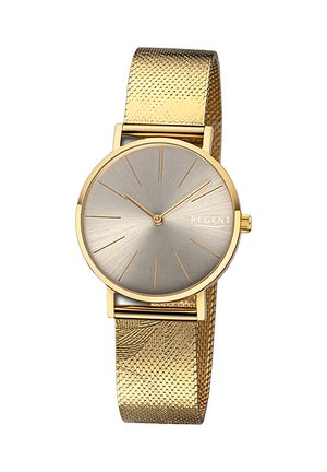 Montre en métal doré avec un bracelet en maille texturé, cadran rond gris, marqueurs d'heure minimalistes en or, et le nom de la marque "REGENT" affiché.