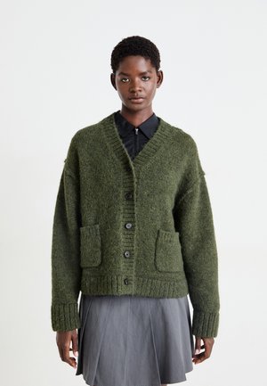 Green wool cardigan with a v-neck, large buttons, two front pockets, and ribbed cuffs, worn over a black shirt and gray pleated skirt.