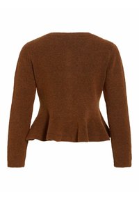 Rudas vilnonis peplumo megztinis su ilgomis rankovėmis ir apvaliu kaklu. Nugaroje yra platėjanti apačia ir minkšta, tekstūruota paviršiaus struktūra.