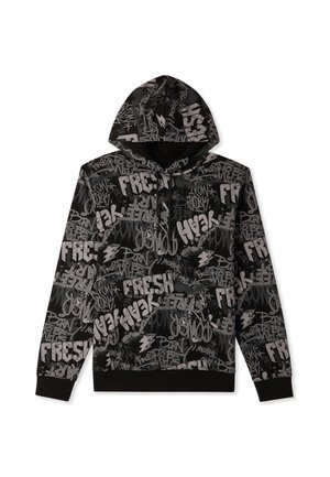 Felpa nera con cappuccio, caratterizzata da un motivo in stile graffiti grigio e bianco, con frasi, motivi a fulmine e un cappuccio con cordino.