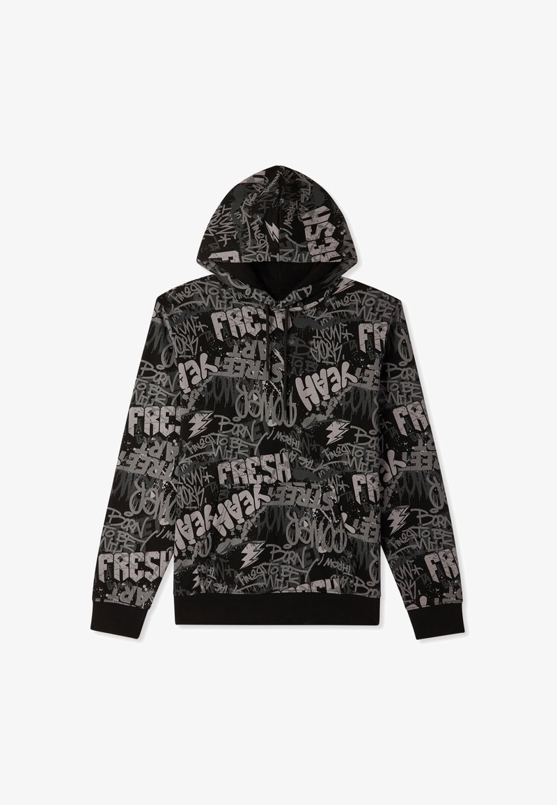 Felpa nera con cappuccio, caratterizzata da un motivo in stile graffiti grigio e bianco, con frasi, motivi a fulmine e un cappuccio con cordino.