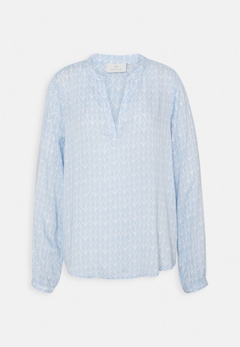 Lyseblå langærmet skjorte med bladmønster, der har en udskåret halsudskæring og løs pasform. Fremstillet af let, åndbart stof.