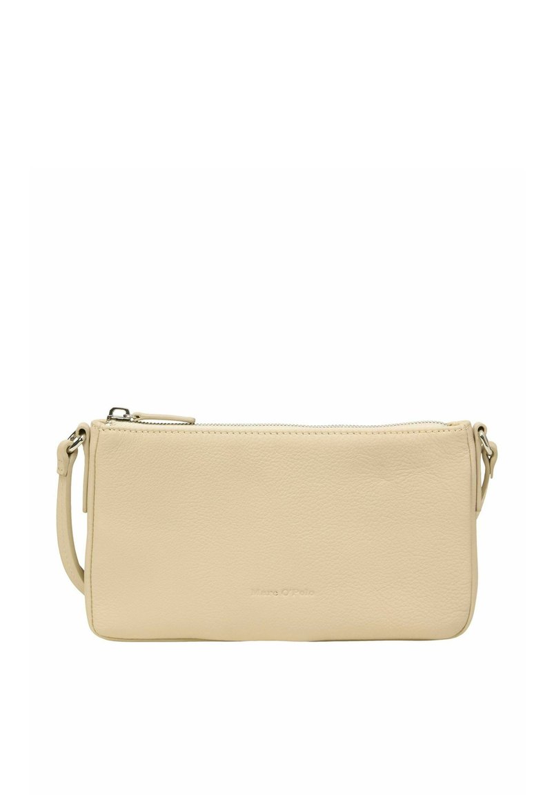 Hellbeige Leder-Clutch mit glatter Textur, Reißverschluss und abnehmbarem Schulterriemen; minimalistisches Design mit Logodetails.