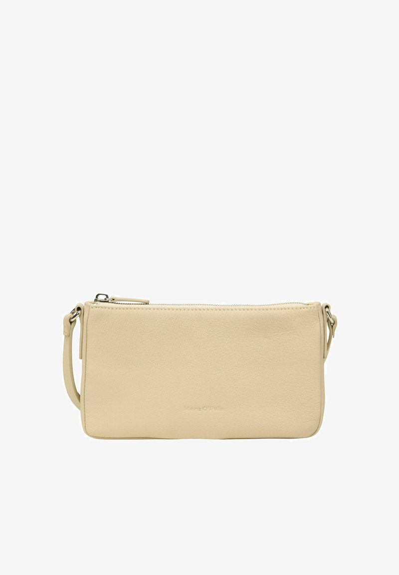 Hellbeige Leder-Clutch mit glatter Textur, Reißverschluss und abnehmbarem Schulterriemen; minimalistisches Design mit Logodetails.