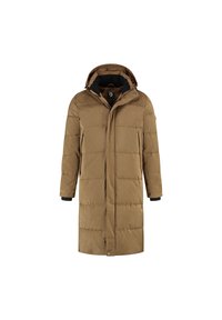 Lange bruine gewatteerde winterjas met capuchon, voorrits en drukknoopsluiting, en twee zijzakken.