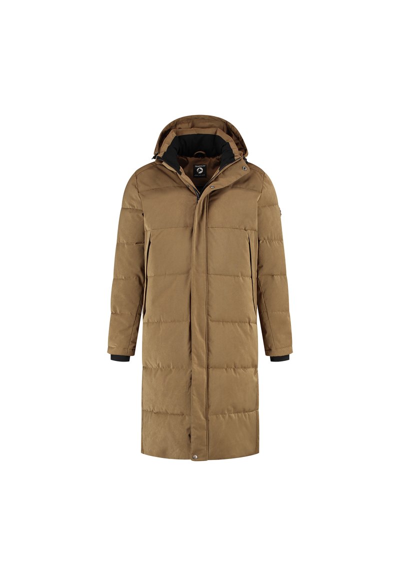 Lange bruine gewatteerde winterjas met capuchon, voorrits en drukknoopsluiting, en twee zijzakken.