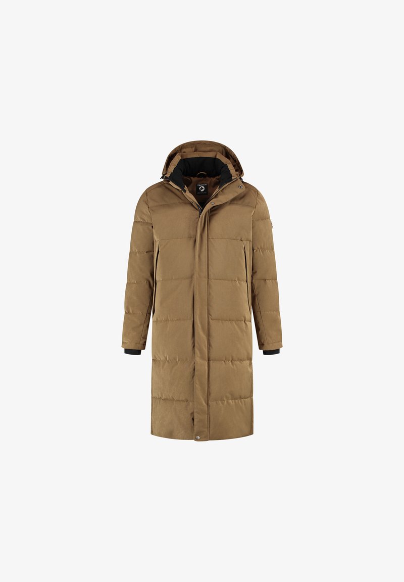Lange bruine gewatteerde winterjas met capuchon, voorrits en drukknoopsluiting, en twee zijzakken.
