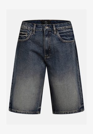 Dunkelblaue Jeansshorts mit ausgewaschenen Bereichen, ausgestattet mit vorderem Knopf, Reißverschluss, Gürtelschlaufen und Fünf-Taschen-Design.