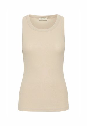 Top beige senza maniche realizzato in tessuto a coste, con scollatura rotonda. Tessitura liscia e vestibilità modellata.