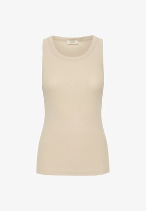 Top beige senza maniche realizzato in tessuto a coste, con scollatura rotonda. Tessitura liscia e vestibilità modellata.