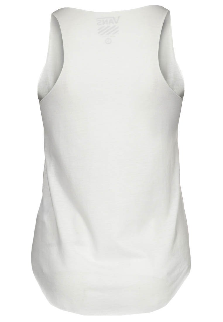 Valkoinen hihaton toppi, joka on valmistettu sileästä kankaasta. Siinä on pyöreä pääntie, hieman kaareva helma ja takana logo.