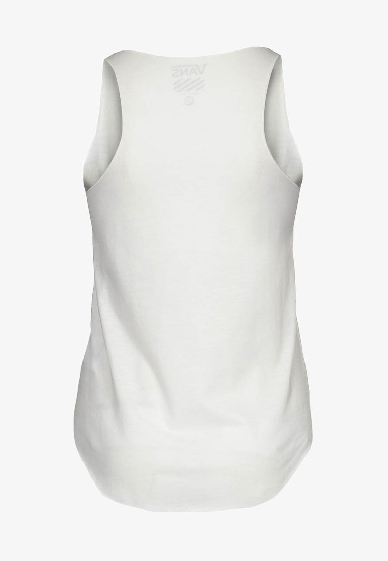 Vit ärmlös linne av slät tyg, med rund halsringning, lätt rundad nederkant och en logotyptryck på baksidan.