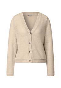 Beiger Strickcardigan mit V-Ausschnitt, langen Ärmeln und fünf Knöpfen vorne. Strukturierter Stoff mit einem leicht lockeren Schnitt.