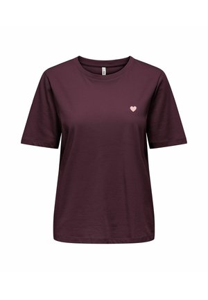 T-shirt violet foncé à manches courtes avec encolure ronde et petit motif cœur rose clair sur la poitrine gauche.